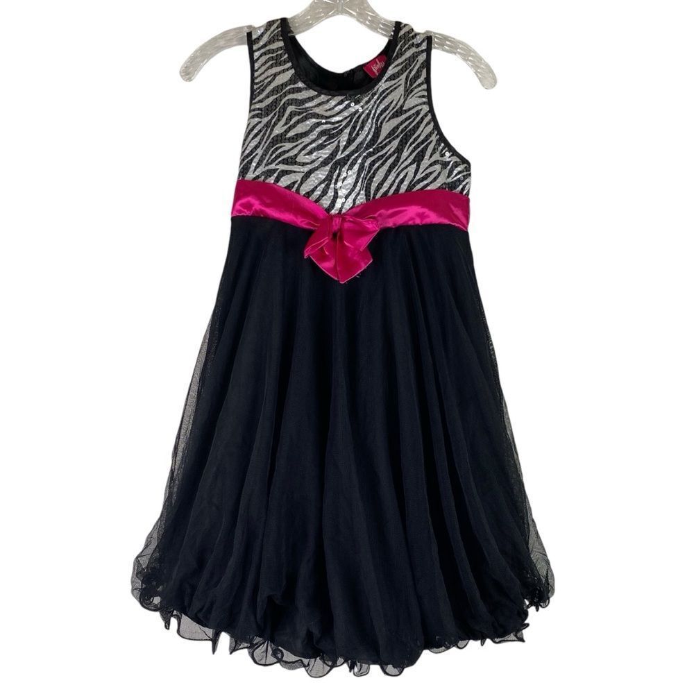 5/$15 Pinky Black Pink Zebra Sequins Bow Sleeveless Tulle Dress 14